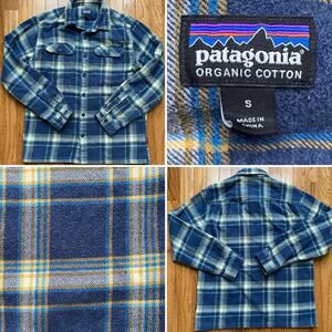 Patagonia $89 Organic Cotton Flannel Shirt Blue / Yellow Plaid Small EUC